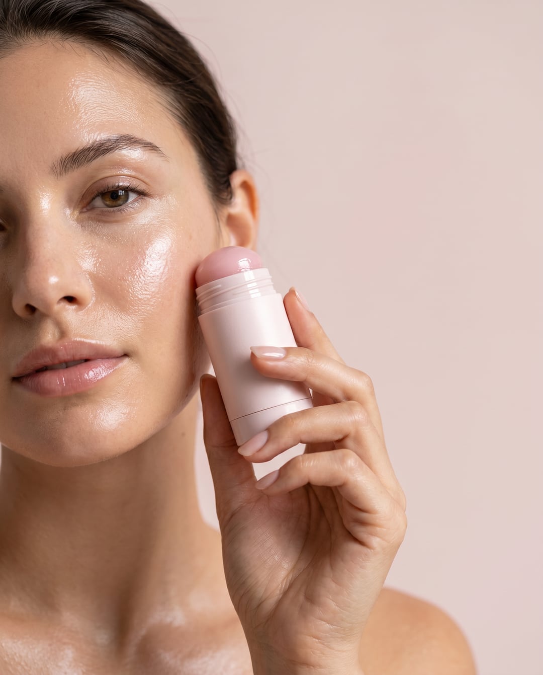 Model with glazed glowing skin holding the Pink Collagen Glow Balm